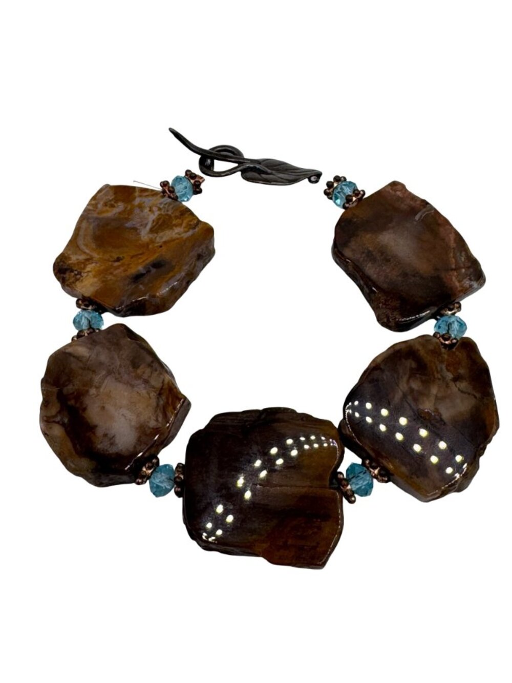 Vtg Petrified Wood Slab Panel Blue Crystal Bracelet Sterling Silver Leaf Clasp - Picture 4 of 11